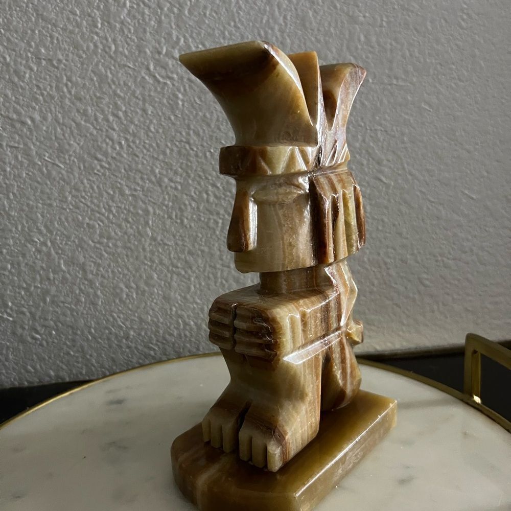 Carved Stone Vintage Mayan Aztec Inspired Onyx Agate Bookends MCM